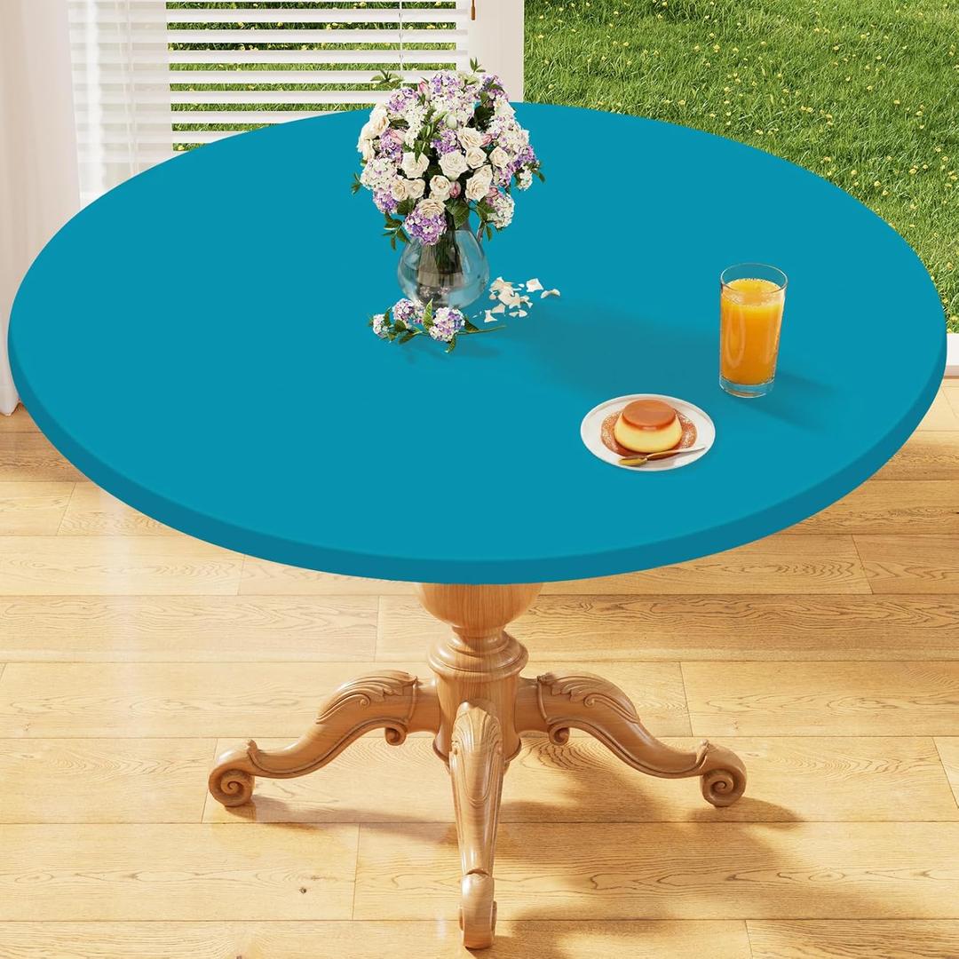 homing Round Elastic Fitted Tablecloth, Water-Resistant Fabric Tablecloths for 36"-44" Tables, Washable Polyester Table Cover for Picnic, Caming, Dinner, Indoor & Outdoor, Teal