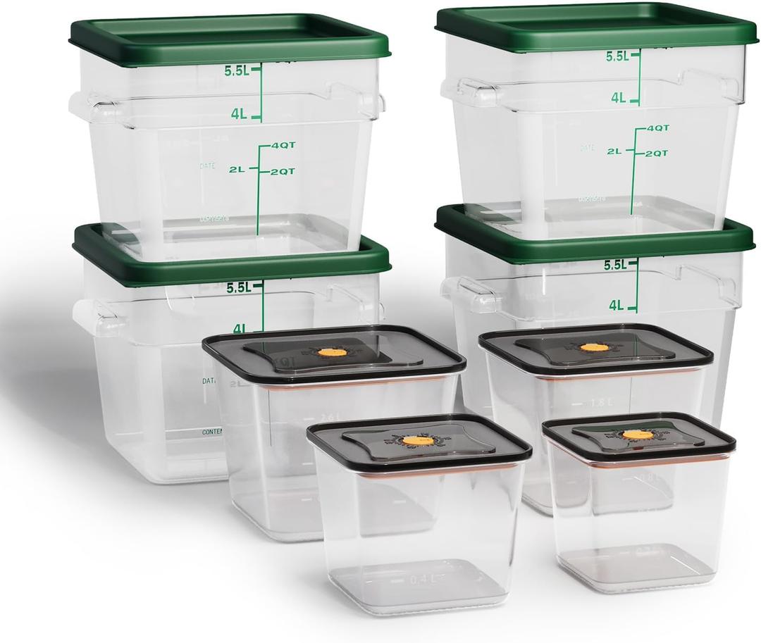 8 Pack Food Storage Containers;Stackable&Durable（0.95+1.5+2.2+3.2+4 * 6qt）