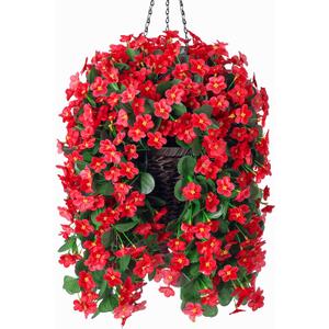 Artificial Hanging Flowers with Baskets, Fake Silk Hanging Basket Orchid Flowers Plants, Faux Flower Centerpieces for Home Decoration Indoor Outdoor Garden Patio Spring Summer Decor (Red)