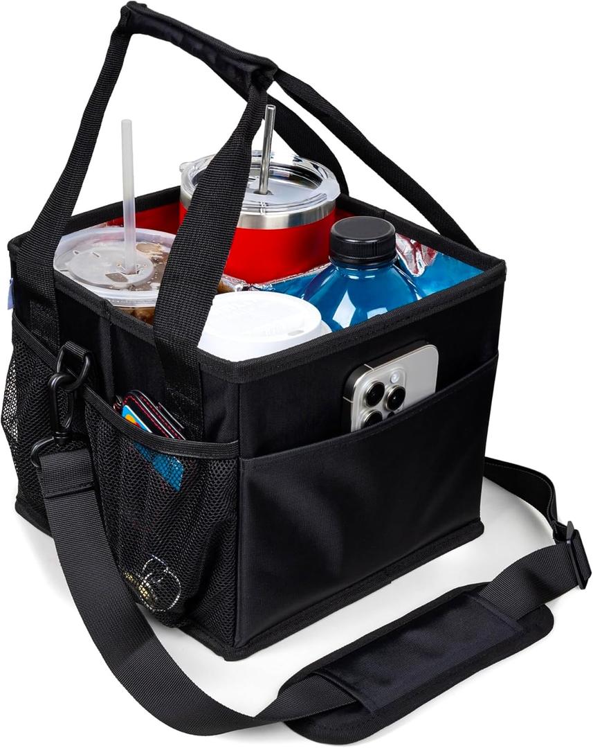 Savvy Lyfe Reusable Drink Carrier with Handle  Tip-Resistant 4 Cup Carrier with Shoulder Strap for Delivery  Insulated, Foldable, Adjustable Dividers  Portable Caddy Tote Bag, Drink Holder for Car (Sleek Black)
