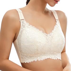 V Neck with Lace Honeycomb Minimizer Bras Full Coverage No Underwire Thin Padded Soft Comfy T-Shirt Women Bras 34D, Champagne