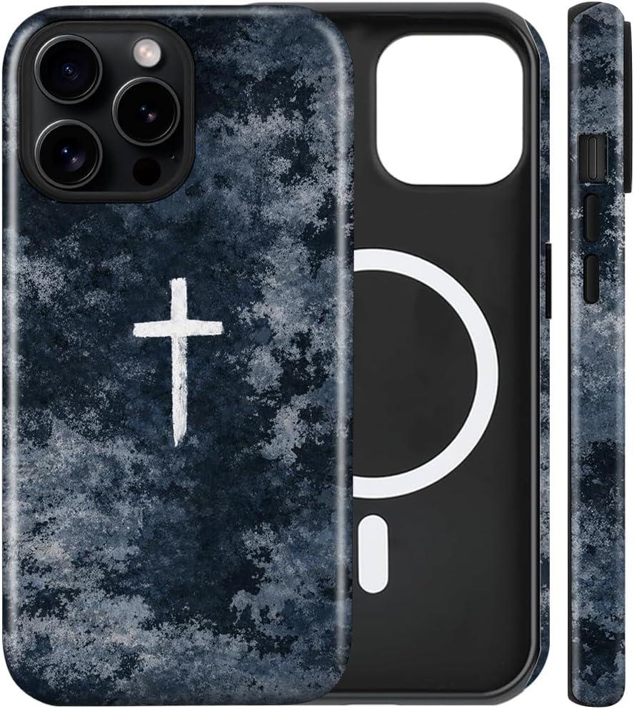 Magnetic for iPhone 15 Pro Case Christian Cross Camo Phone Case, Shockproof Slim Soft TPU and Hard PC Protective Cases Compatible with MagSafe Protective for Religious Boy Men Women, Blue