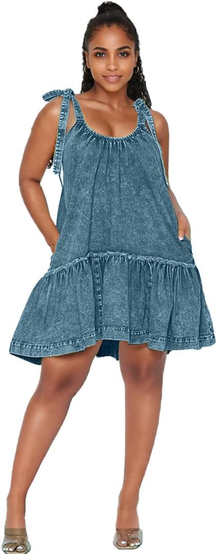 Women Denim Cami Dress Tie Shoulder Ruffle Hem Short Dresses Babydoll Wash Jean Sundress with Pocket XXL