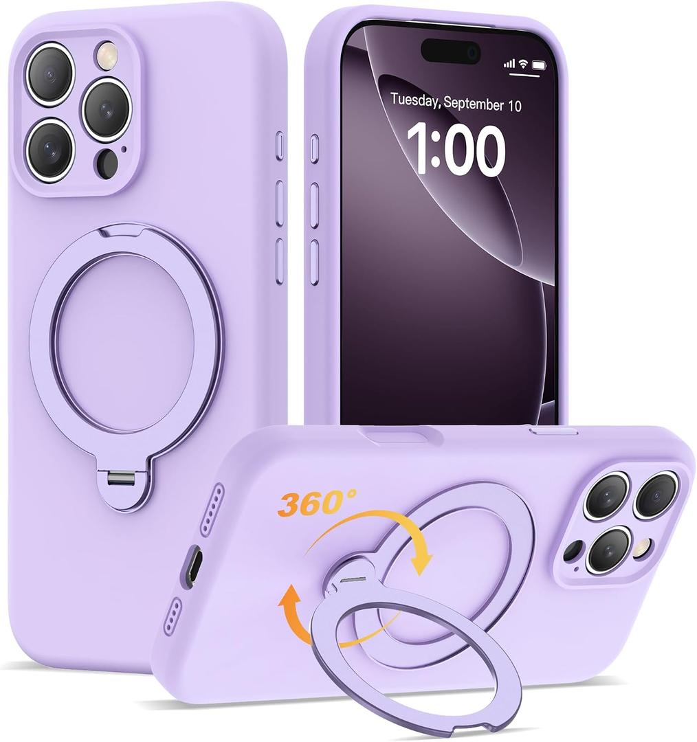 Compatible with iPhone 16 Pro Max Case 6.9'' with 360 Spin Magnetic Ring Stand[Compatible with Mag-Safe] Soft Liquid Silicone 16 Pro Max Case for Men Women, Light Puple