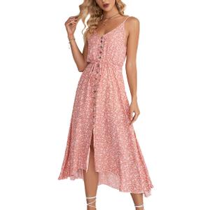 BROVAVE Women's 2026 Summer Casual Boho Sundress Polka Dot Spaghetti Strap V Neck Flowy Midi Dresses, Pink Large