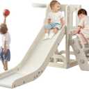 Toddler Slide,Kids Climber Slide with Storage Space and Non-Slip Steps,Indoor Outdoor Playset with Basketball Hoopa and Telescope,Slide for Toddlers Age 1-3 (White)