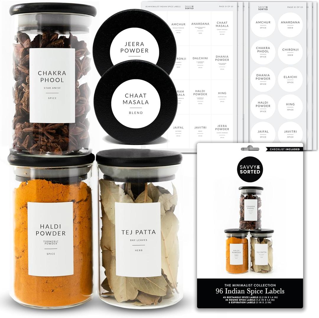 Indian Spice Labels Stickers for Jars and Lids - 96 South Asian Spice Jar Labels Waterproof Preprinted, Seasoning Herb Stickers for Containers Kitchen Pantry Organization
