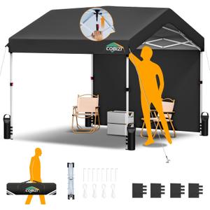 COBIZI 10x10 Pop Up Canopy with One Button Push Center Lock, Ez Up Portable Carport Without sidewall, Waterproof UV50+ Outdoor Party Commercial Carport Canopy with Carry Bag(10 x 10 ft Black)