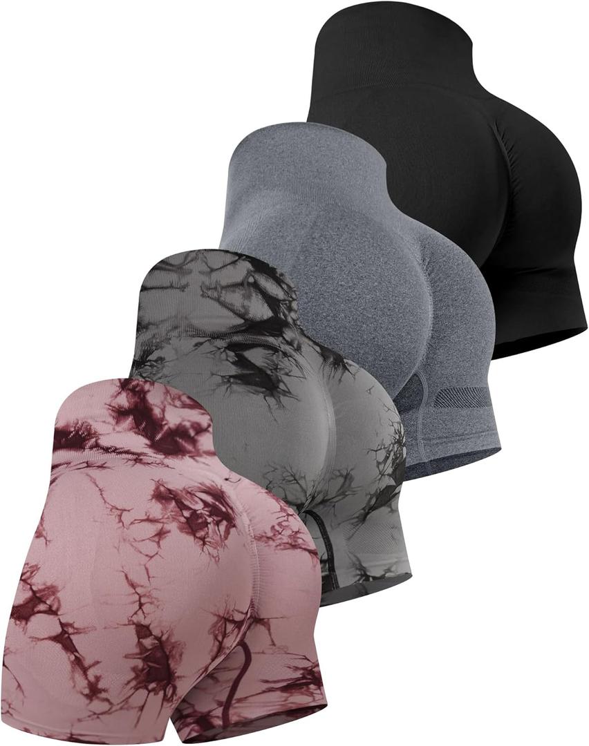 CHRLEISURE Women's 4 Packs Workout Gym Shorts, High Waisted Butt Lifting Scrunch Butt Seamless Booty Shorts (Large, 4 Packs (Black, Dark Gray, Tie Dye Black ,Tie Dye Burgundy ))
