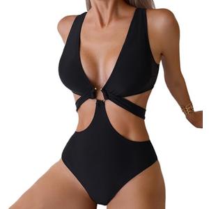 Favnac Women's Deep V Neck One Piece Swimsuit O-Ring Swimwear Sexy Cut Out Bathing Suit Size S