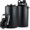 1 Gallon Water Bottle Insulated Stainless Steel Keeps Ice 48Hr, Large Water Gallon Jug Wide Mouth Leakproof Vacuum for Gym, Camping, & Construction Black (2 Packs)