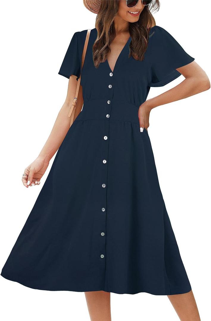 ROYLAMP Women's Floral Button Up Split Dress Deep V Short Bell Sleeve Casual Midi Dress with Pockets (X-Large)