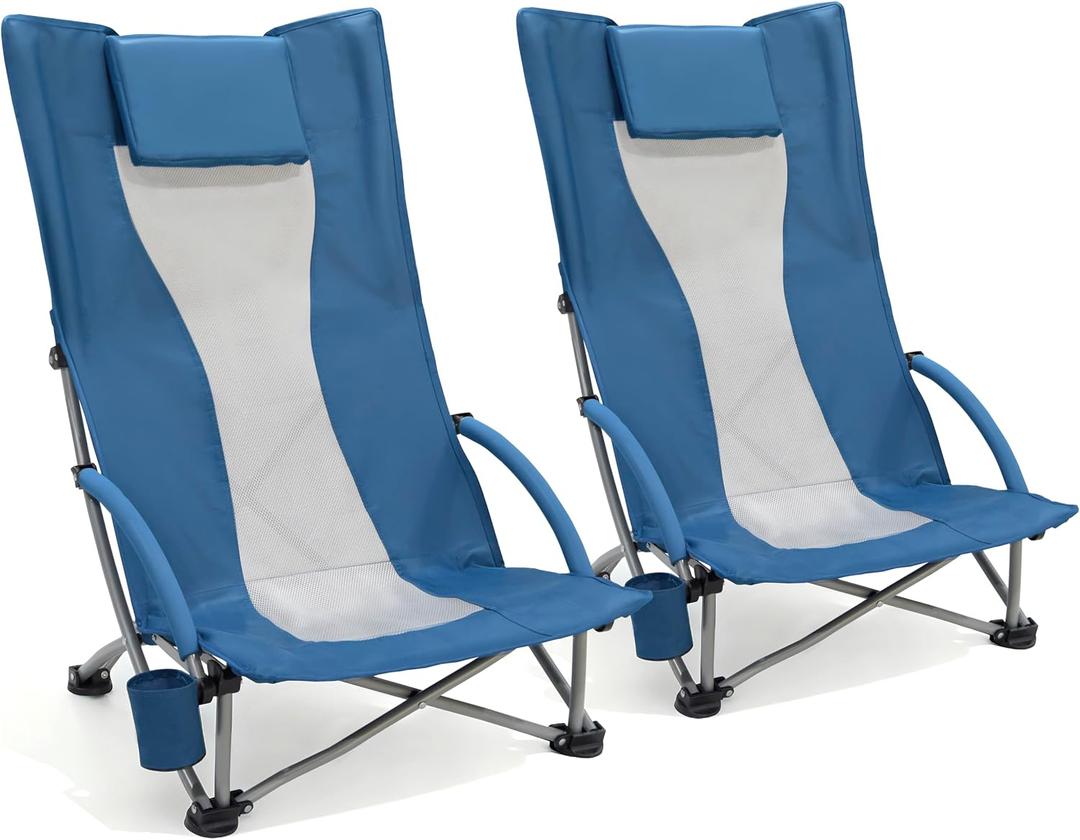 OUTSIDER Low Beach Chair, High Back Folding Camping Chair for Adults, Folding Beach Chair with Breathable Center Mesh Back, 300lbs Heavy Duty Portable Chair with Cup Holder for Beach, Outdoor(Blue 2)