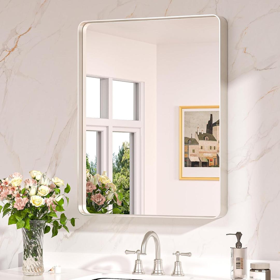 Keonjinn 24 x 30 Inch Brushed Nickel Bathroom Mirrors for Over Sink, Rounded Rectangle Silver Bathroom Vanity Mirror, Farmhouse Mirror for Wall, HD Tempered Glass, Anti-Rust Aluminum Alloy Mirror