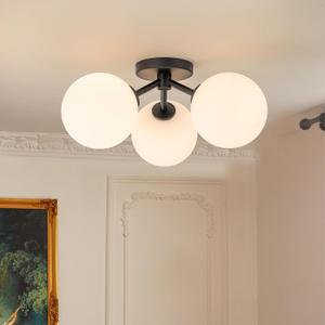 Mid Century Modern Black Semi Flush Mount Ceiling Light Fixture 3 Light 18 inch, Globe Light Fixtures for Bedroom,Entryway,Hallway,Living Room,Kitchen,Dining Room