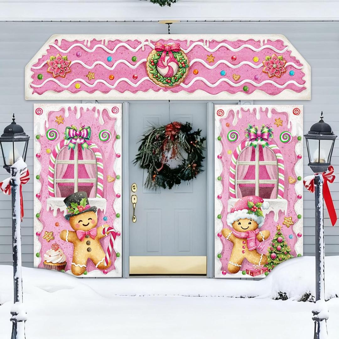 2 x 3 Pcs Pink Large Christmas Gingerbread Door Stickers Peppermint Gingerbread Candy Door Decal for Party Decoration Xmas Theme Supplies Window Floor Clings Wall Decals