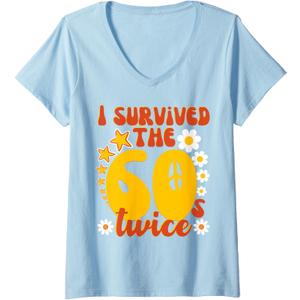 Womens I Survived The Sixties Twice, 70th Birthday Joke grandparent V-Neck T-Shirt (Blue, M)