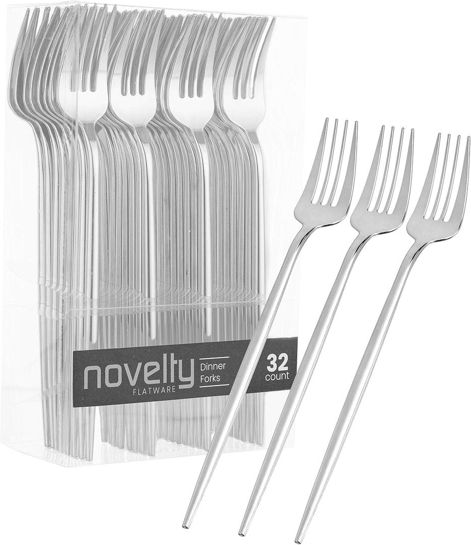 Novelty Modern Flatware, Cutlery, Disposable Plastic Dinner forks Luxury Silver 32 Count