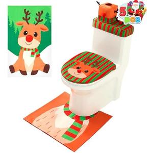 JOYIN 5 Pieces Christmas Reindeer Bathroom Decoration Set with Toilet Seat Cover, Tank Cover, Toilet Paper Cover, Xmas Bathroom Indoor Decor for Holiday Use Party Favors
