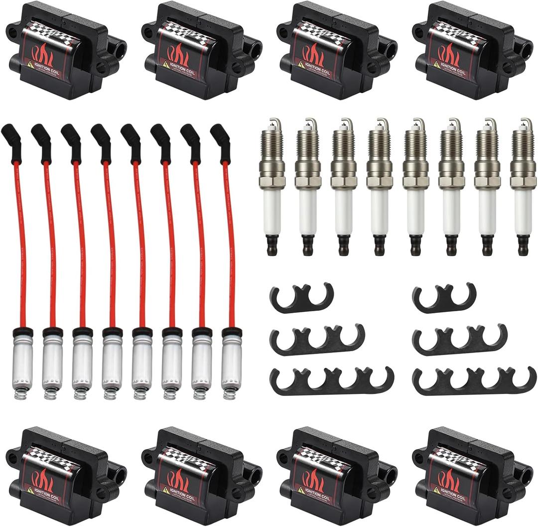 Pindex 8 Pack UF271 Square Type Ignition Coils with Spark Plugs Coil Pack Kits Compatible with Cadillac Chevrolet GMC 4.8 5.3 6.0L Part Number 12558693 12556893 3859078