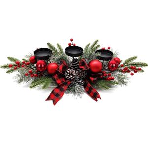 27.5-Inch Christmas Table Centerpiece with Candle Holders, Red Berries, and Pine Cones