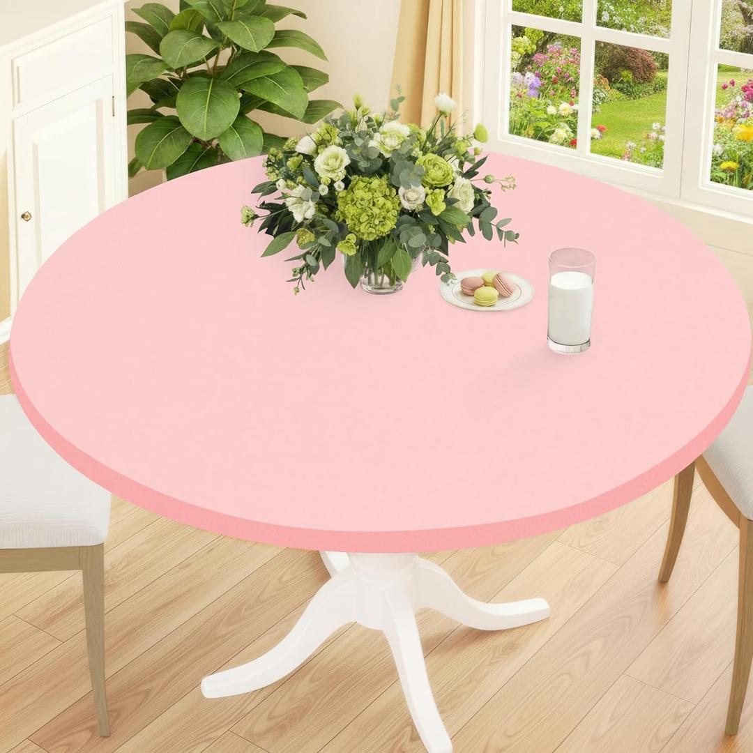 Smiry Round Spandex Tablecloth, Elastic Fitted Washable Tablecloths for 36"-44" Tables, Waterpoof Stretch Picnic Table Cover for Valentines & Mothers Day Dining Decorations and Outdoor, Pink