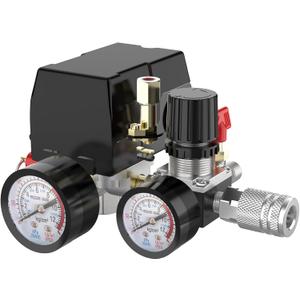 Air Compressor Pressure Switch Control Valve, cnaodun 90-120 PSI Air Compressor Switch Equips Four-Port Pressure Regulator Gauge 1/4 NPT Thread