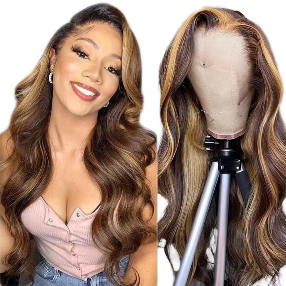 SOSEXY Ombre Body Wave Lace Front Wigs Human Hair 180% Density 4/27 Human Hair Wig Glueless Highlight 24 Inch 13x4 HD Lace Front Wigs Human Hair Curly (#4/27 Ombre Medium Brown and Strawberry Blonde))