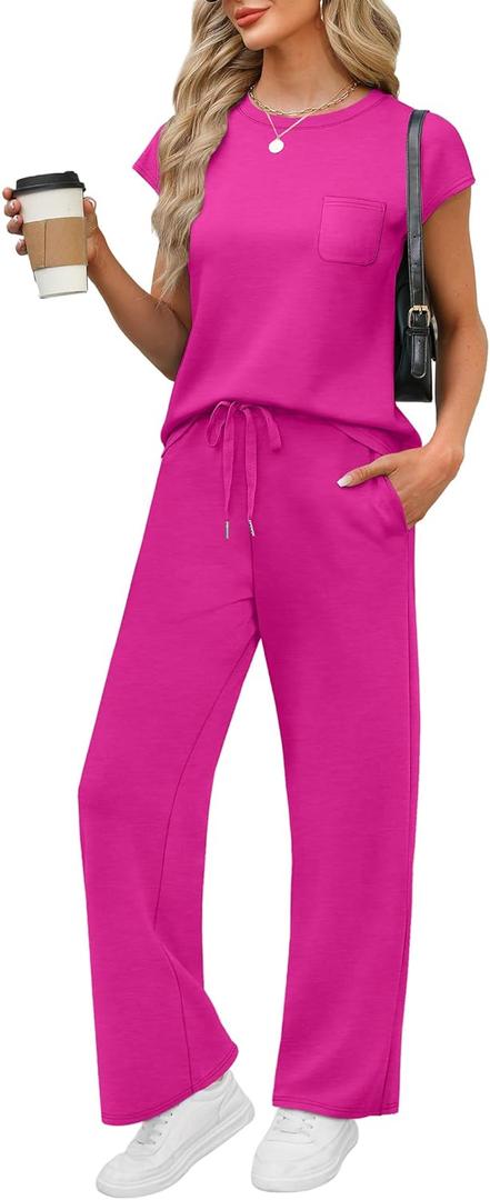 WIHOLL 2 Piece Sets for Women Casual Summer Travel Vacation Outfits Cap Sleeve Lounge Set (Medium, Hot Pink)