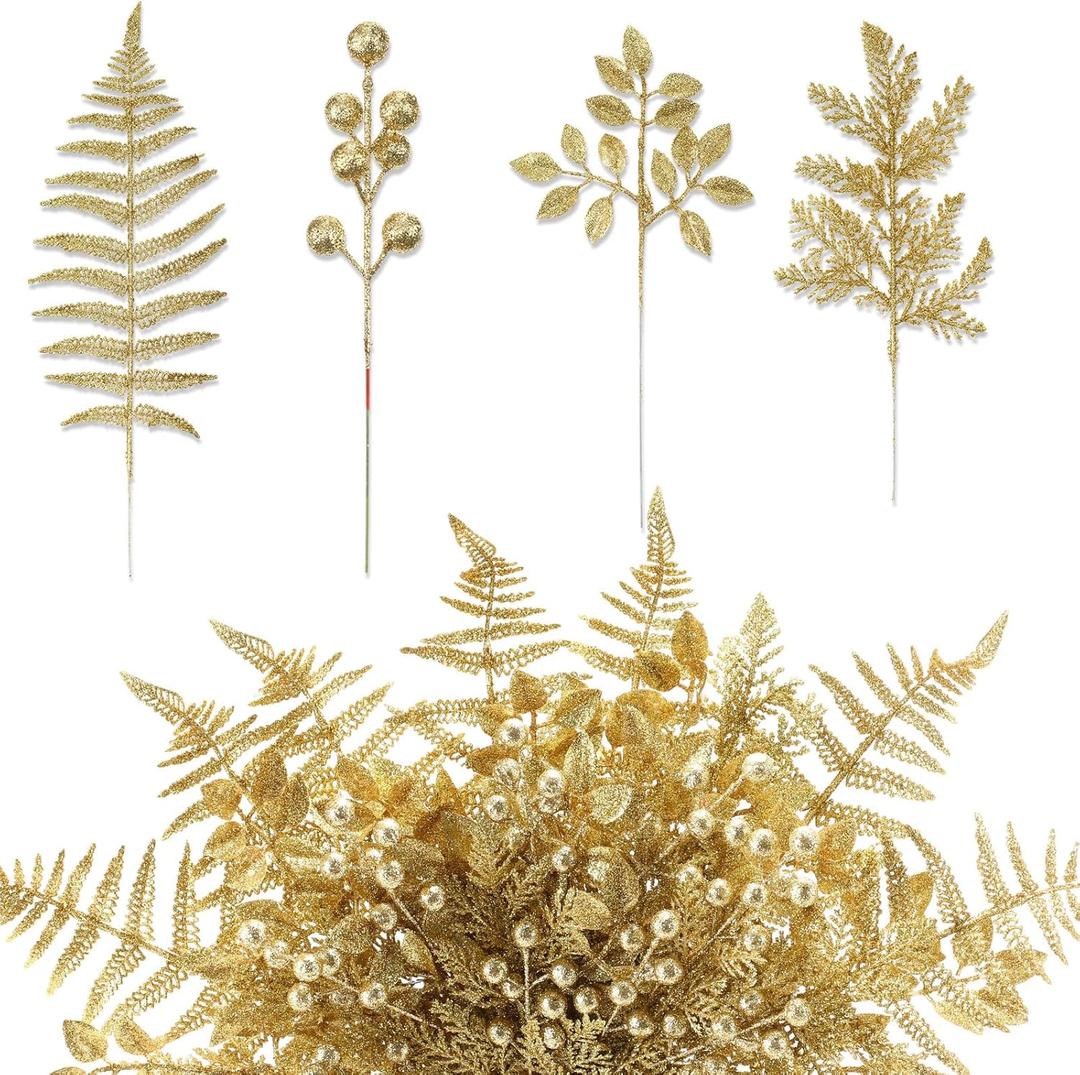 40 Pcs Christmas Glitter Artificial Picks Set Christmas Leaf Sprays Cedar Picks Glitter Berries Stems Tropical Leaf Pine Needles Christmas Stems Branches for Christmas Tree Vase Home(Gold)
