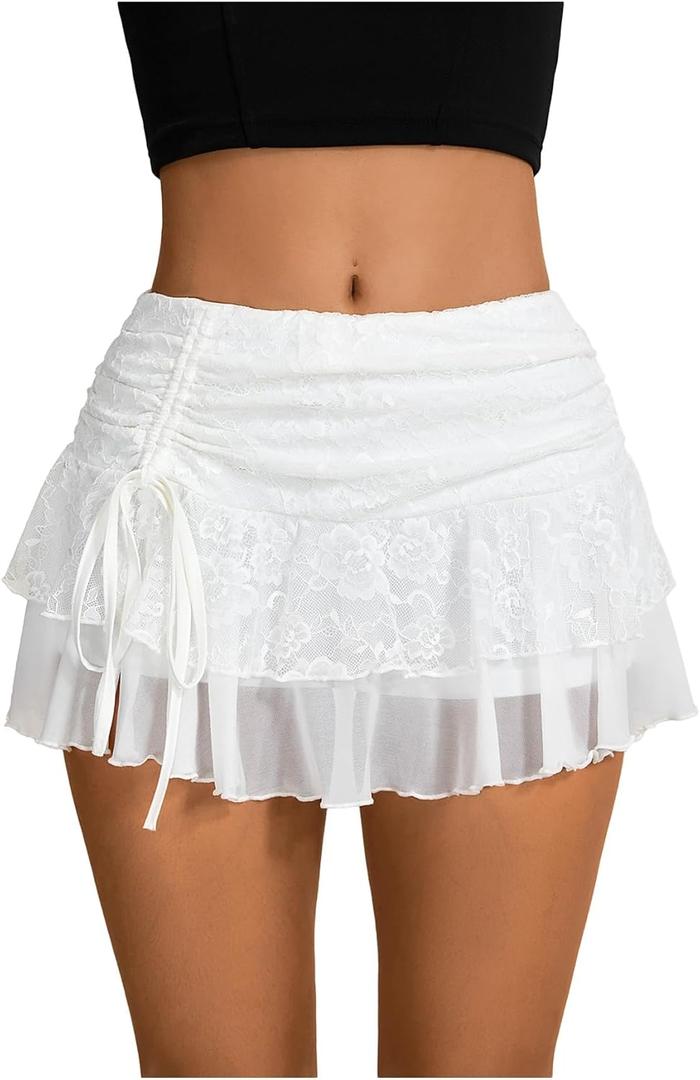 Verdusa Women's Y2k Lace Ruffle Mini Skirt Mesh High Waist Layered Skirt Skort Boho Outfits Micro Shorts (Medium, White)