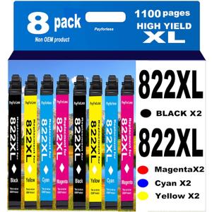 822XL Remanufactured for Epson 822XL Ink Cartridges 822 XL T822 for Workforce Pro WF-3820 WF-3823 WF-4820 WF-4830 WF-4833 WF-4834 Printer 8 Pack 2 Black 2 Cyan 2 Magenta 2 Yellow