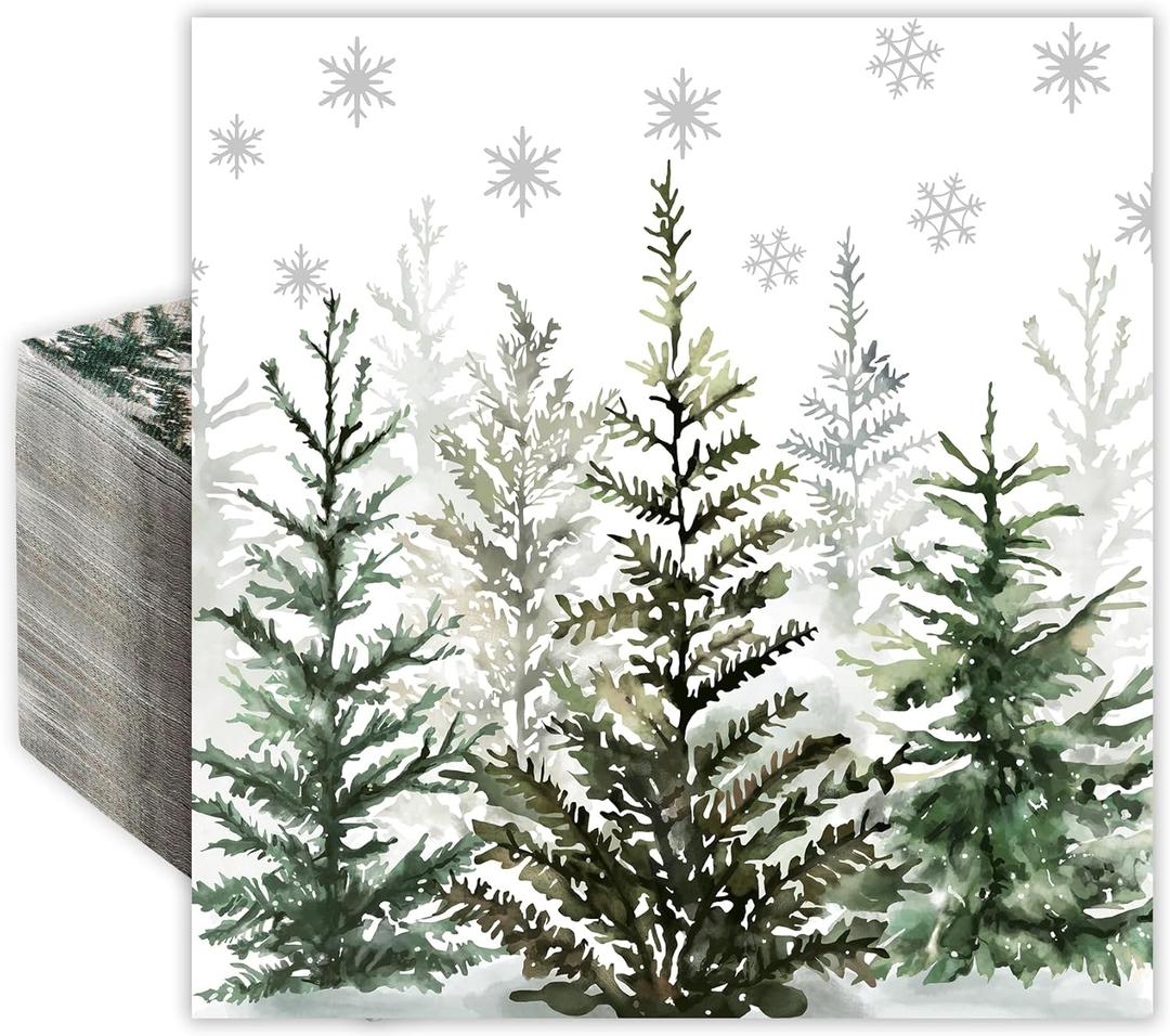 Quera 50 Pack Christmas Paper Napkins Watercolor Christmas Tree Disposable Beverage Napkins Watercolor Decorative Table Napkin for New Year Winter Dinner Merry Christmas Holiday Xmas Party Supplies