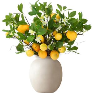 Artificial Lemon Branches 8 Heads per Stem 4 Pack Faux Lemons with Leaves Kitchen Table Centerpiece Decor Fake Lemon Tree for Vases Farmhouse Party Summer Home Yellow Decorations