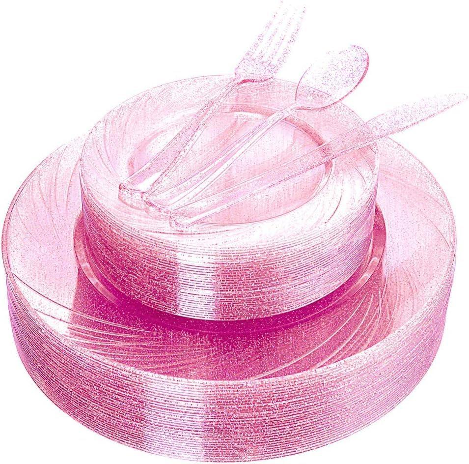 WDF Rose Gold Pink Plastic Plates with Pink Plastic Silverware include 40 Dinner & Salad Plates, 40Forks, 40 Knives, 40 Spoons for Wedding/Party