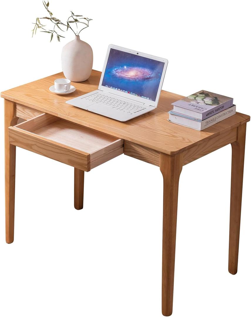 Solid Wood Desk with Drawers, Home Office Desk for Small Spaces, Gaming Work Study Desk, Student PC Desk for Bedroom, Easy to Assemble (Wood Color, 39.4 inch)