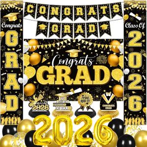 30pcs Class of 2026 Graduations Decorations Black and Gold Congrats Grad Banner Class of 2026 Balloons Graduation Table Centerpieces Grad 2026 Porch Banner Hanging Swirls Graduation Party Supplies