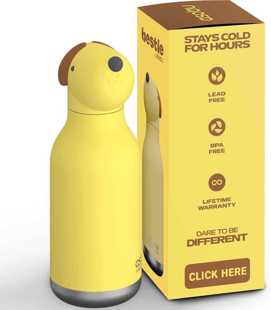 asobu Bestie Bottle Insulated Stainless Steel Water Bottle with Detachable Soft Animal Head Fun Drinking For Kids and Teens16 Ounce with Flexible Reusable Straw (Dog)