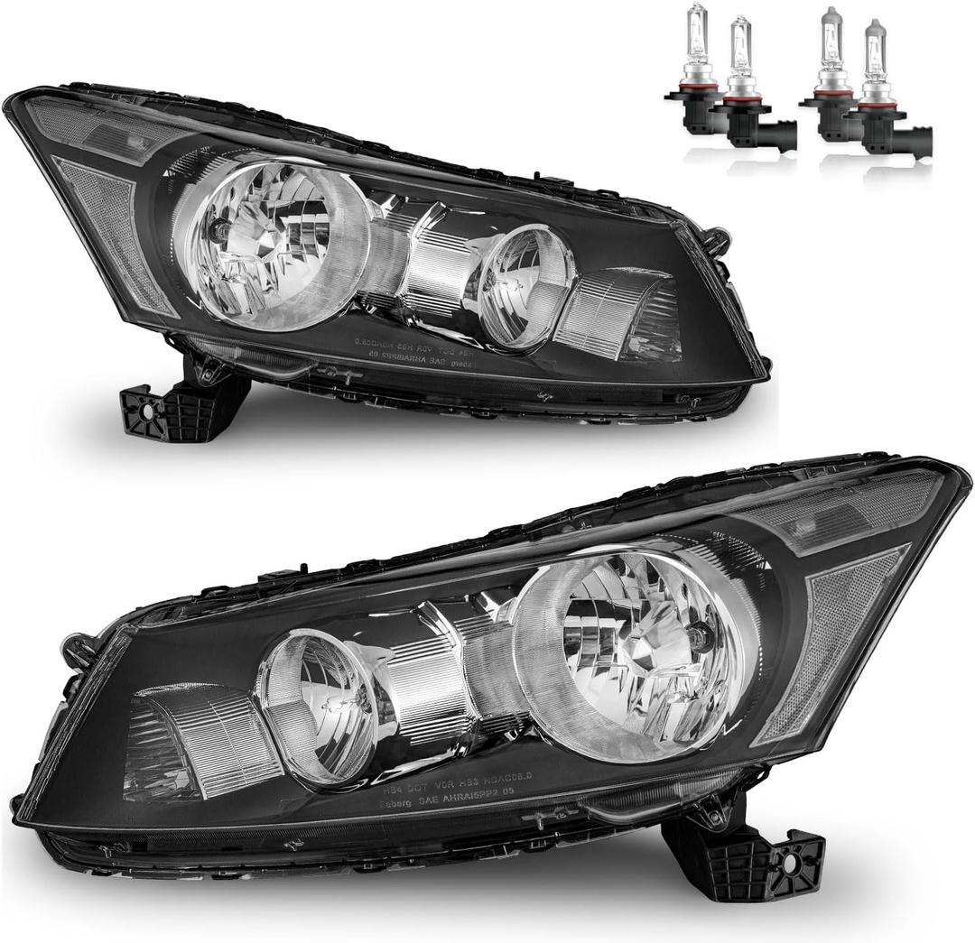 Headlights W/Bulbs for 2008-2012 Honda Accord 4Dr Headlamp Replacement Driver & Passenger Side, NOT fit coupe models or Crosstour models
