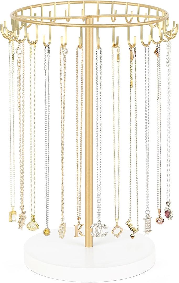 Mkono Necklace Holder Metal Jewelry Display Stand Necklace Organizer with 30 Hooks for Storage and Hanging Bracelet Keychain Home Room Decor for Women,Gold