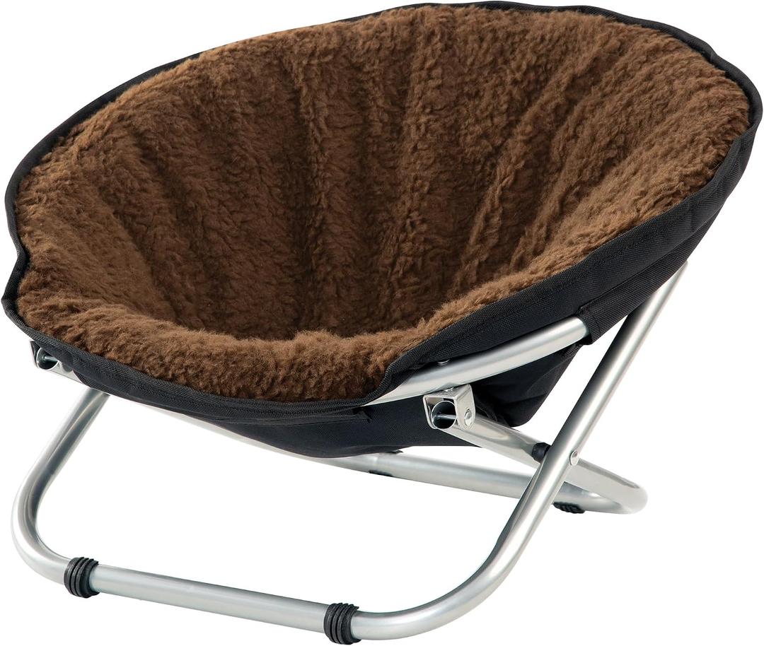 Etna Folding Pet Cozy Chair - Portable Round Fold Out Elevated Cat Bed - Brown Fleece Top Cushion - Papasan Chair for Small Dogs