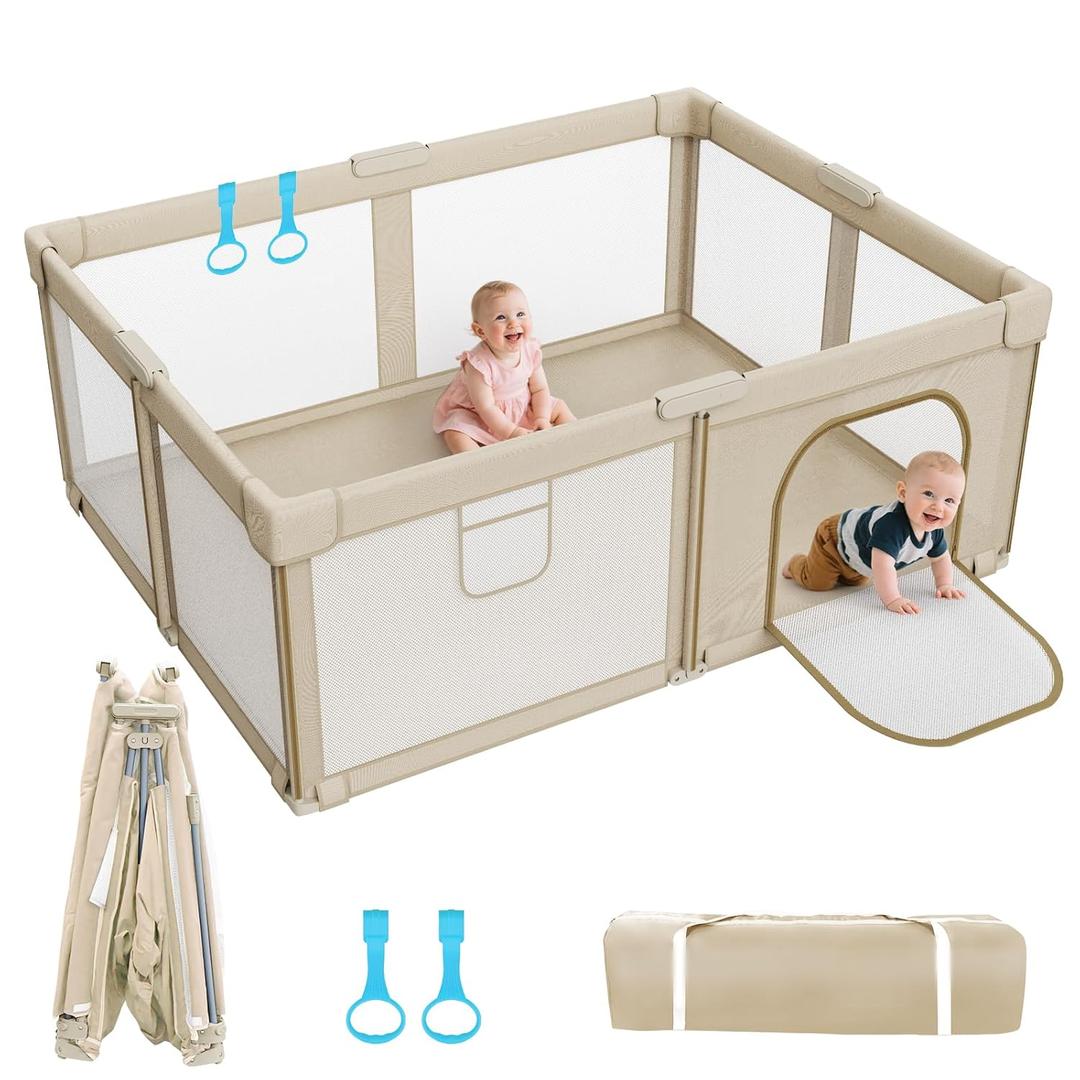 Foldable Baby Playpen: 71 x 59 Super Large Playpen for Babies and Toddlers - Portable Play Pen for Babies with Breathable Mesh & 2 Pulling Handle - Baby Play Yard for Outdoor & Indoor