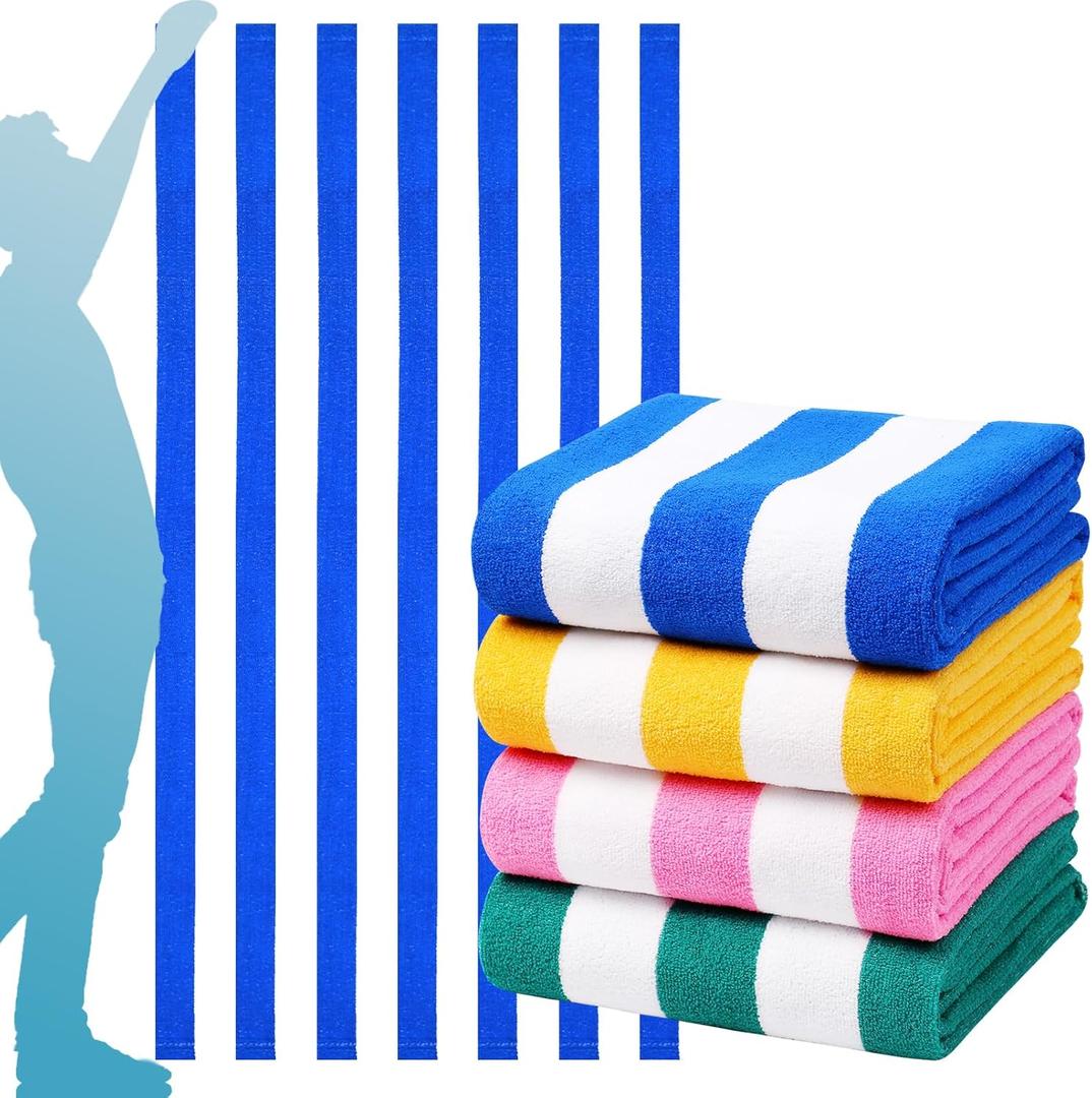 4 Packs Oversized Stripe Beach Towel Thin Terry Set for Women Men 72X40 in Absorbent Big Extra Large XL Clearance Travel Families Towels Accessories Essentials Adults Gift (Blue, Pink, Yellow, and Green)