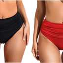 COCOPEAR Full Coverage Bikini Bottoms for Women Mid Rise Bathing Suit Bottoms for Women Ruched Tummy Control Swim Bottoms (Large, 2# Black+red)