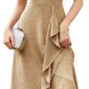 BeryLove Women Sequin Formal Party Dress Flutter Short Sleeve Wedding Cocktail Long Evening Dress (Gold, XL)