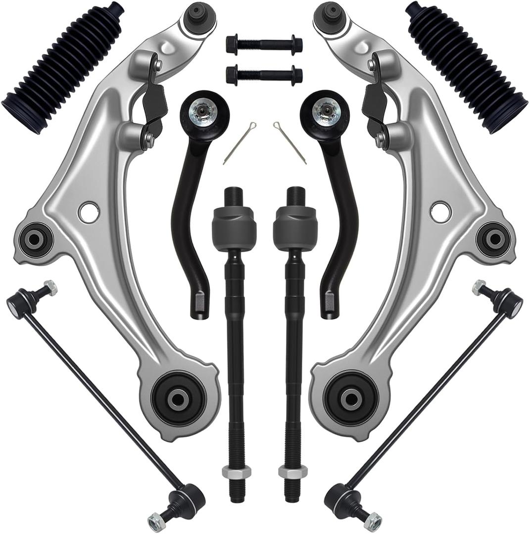10Pcs Front End Suspension Kit Fit For 2009-2014 Ni-ssan Murano, 2 Lower Control Arm w/Ball Joint 2 Sway Bar Link 4 Outer Inner Tie Rod End (# K622157 K622158 K750784 EV800639 ES800357 ES800358)