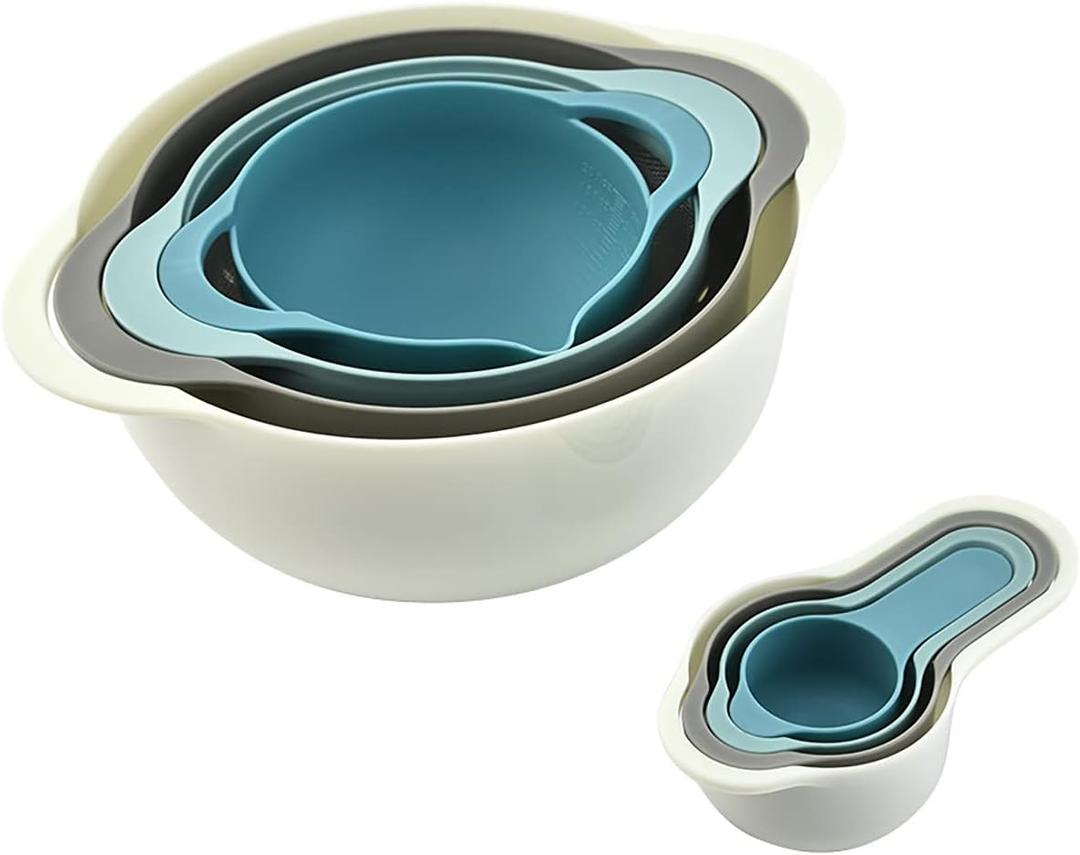 Plastic Nesting Bowls Set with 2 Mixing bowls,Colanders,4 Measuring Cups,Sifter for Baking,Food Prep,RV Camping Accessories,8 Pieces (Light Blue)