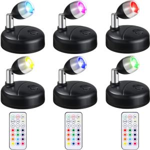 6 Pieces Battery Operated Spotlights Indoor LED Wireless Spotlight Indoor 13 Color up Lights with Rotatable Light Head Stick on Wall Hallway for Painting Picture Artwork Closet (Black)
