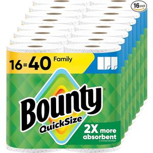 Bounty Paper Towels Quick Size, White, 16 Family Rolls = 40 Regular Rolls