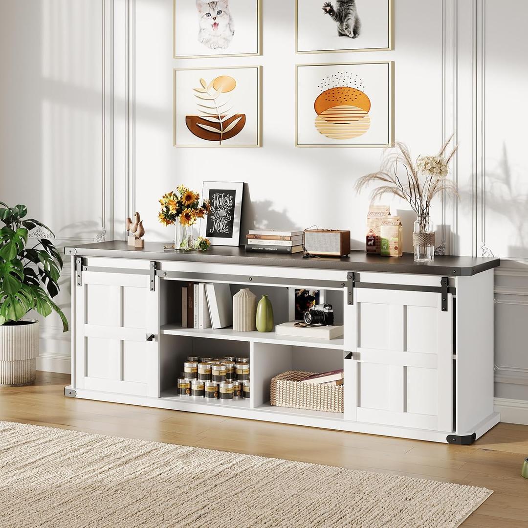 GarveeHome 70 in Farmhouse TV Stand for 75 in TVs, Modern Entertainment Center with Sliding Barn Doors, Modern Media TV Console Table, Wood Long TV Stand for Living Room